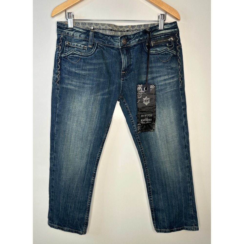New ReRock x Express Y2K Low Rise Capri Jeans Size 10 Blue Embroider Flap Pocket - Picture 3 of 16